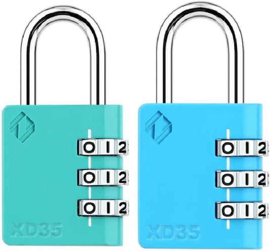 XD35 Combination Lock, 3-Digit Padlock for School Gym Sports LockerLock, Fence, Toolbox, Case, Hasp Storage (2-Pack, Emerald, Blue)