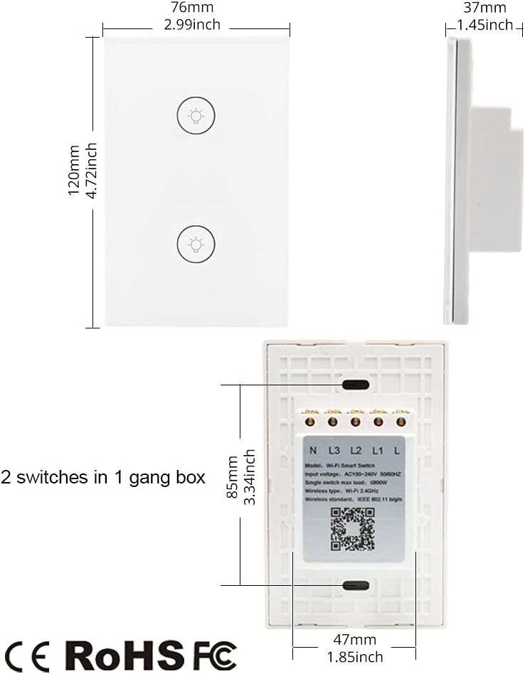 WiFi Smart Wall Touch Light Switch Glass Panel Wireless Remote Control by Mobile APP Anywhere Compatible with Alexa,Timing Function No Hub Required (Wall Switch 2 Gang)