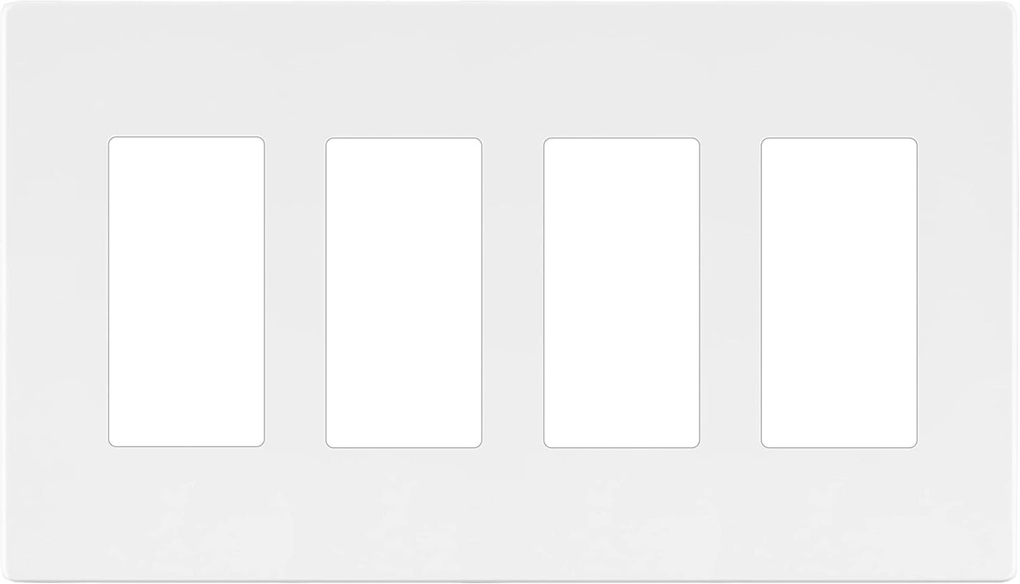 LIDER Matte Finish Quadruple Decorator Switch Cover, Screwless Wall Plate, Mid-Size 4-Gang 4.88" x 8.58", Polycarbonate Thermoplastic, UL Listed, LSWP-34M-W, White