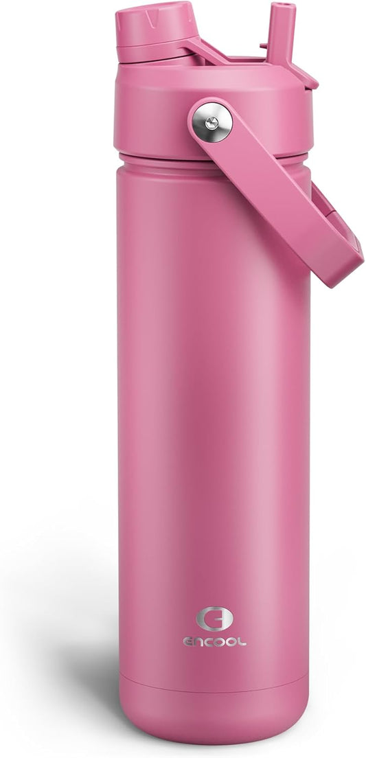 ENCOOL Insulated Water Bottle with Straw Stainless Steel Water Bottle, Leak-Proof, BPA-Free, Double Wall Vacuum Keeps Cold for 24 Hours for Sports, Travel, School (26 oz, Turkish Rose)