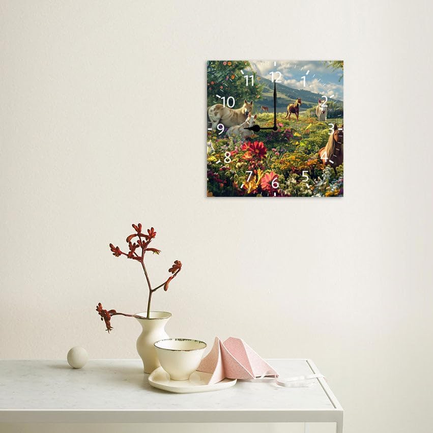 10 in Garden Cats and Horses -266 Wood Wall Clock – Digital Time Display, Smart Home Compatible for Bedside or Workspace