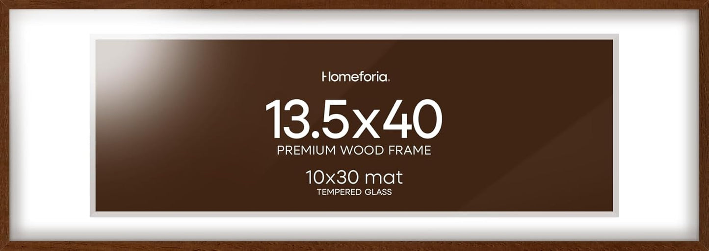 Homeforia 13.5x40 Picture Frame Brown, High End Dark Oak 13.5by40 Walnut Wood Poster Frame with Mat 10x30, 13.5 x 40 Panoramic Wooden Frames Matted to 10 x 30 Print, Tempered Glass, Wall Kit, Set of 1