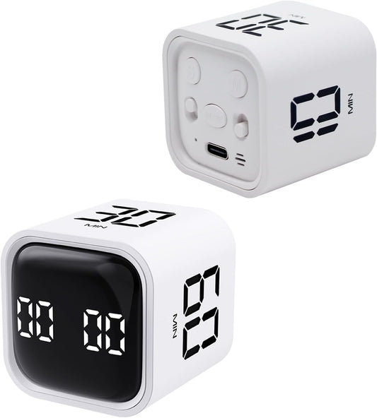 Productivity Timer Flip Gravity Sensor Cube Timer Countdown & Countup,Mute & Vibrate & Sound，5/10/30/60min & Custom Timing, Perfect for ADHD,Work,Learning,Kitchen Cooking (2 White)
