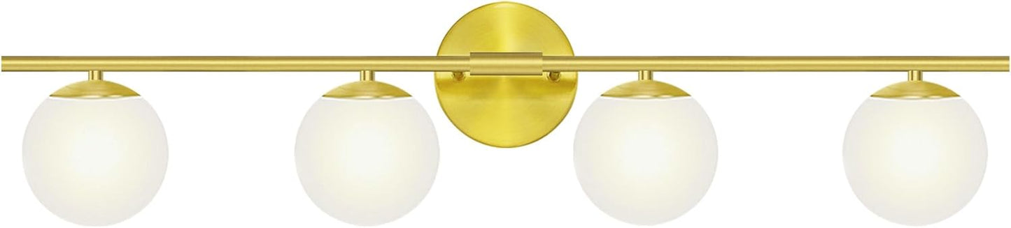 New Bathroom Vanity Light Fixtures Brushed Bronze Milk White Globe Glass Shade Modern Wall Bar Sconce Over Mirror (Brushed Brass, 4T)