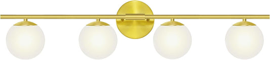 New Bathroom Vanity Light Fixtures Brushed Bronze Milk White Globe Glass Shade Modern Wall Bar Sconce Over Mirror (Brushed Brass, 4T)