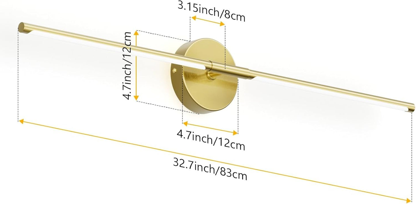 Modern Wall Sconce for Bathroom 33In Gold Vanity Light Fixture Hardwired 3000K Bathroom Sconce 360° Rotate Warm Light for Bedroom