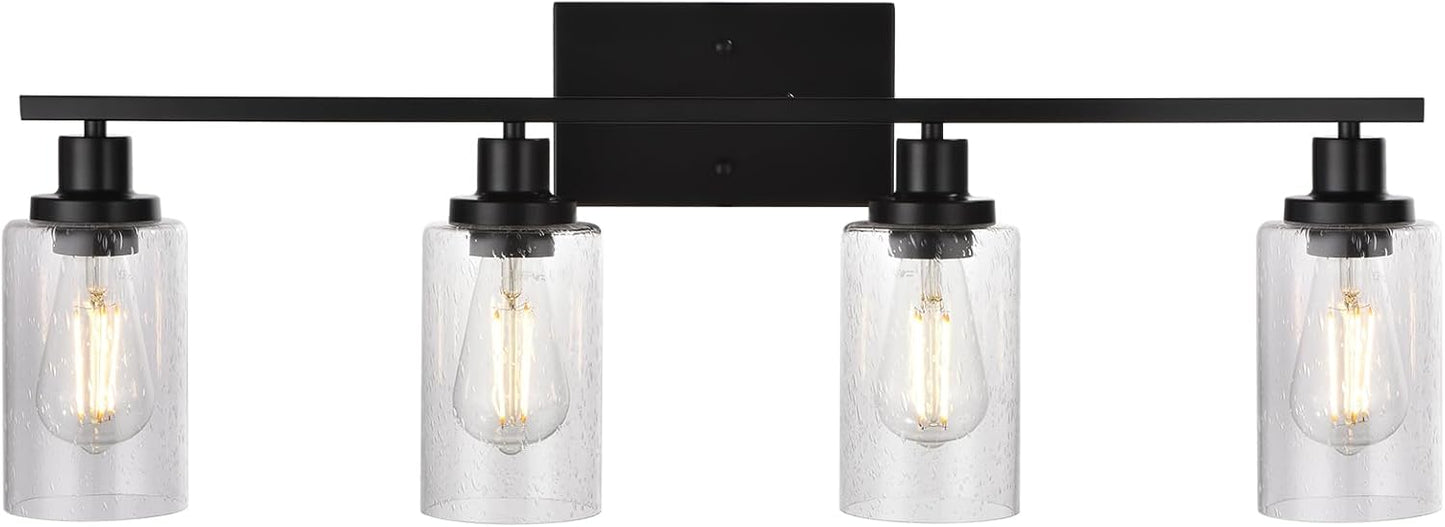 Black 4-Light Bathroom Light Fixtures with Seeded Glass Shade, 31-Inches Length Farmhouse Vanity Lights Over Mirror for Cabinet Kitchen Bedroom