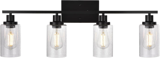 Black 4-Light Bathroom Light Fixtures with Seeded Glass Shade, 31-Inches Length Farmhouse Vanity Lights Over Mirror for Cabinet Kitchen Bedroom