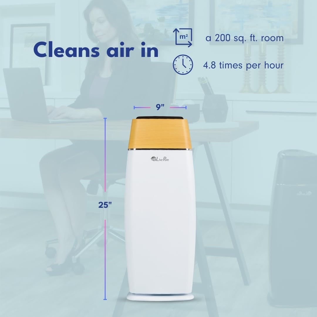 LivePure LP260TH-W Sierra Series True HEPA Digital Tall Tower Air Purifier for Home Captures Allergens, Smoke, Pollen, Mold, Dust Mites, Pet Hair, Energy Star Certified, Teak/Pearl White