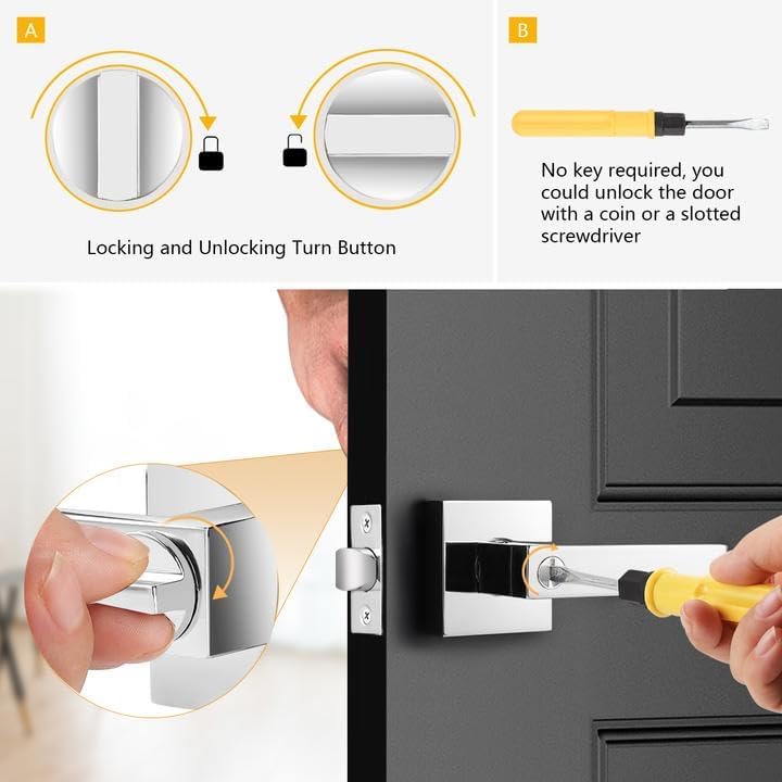 Probrico 10 Pack Commercial Heavy Duty Privacy Door Levers, Flat Style Door Handle Set for Bed and Bath, Left or Right Handing Leverset Lockset, Polished Chrome Finish