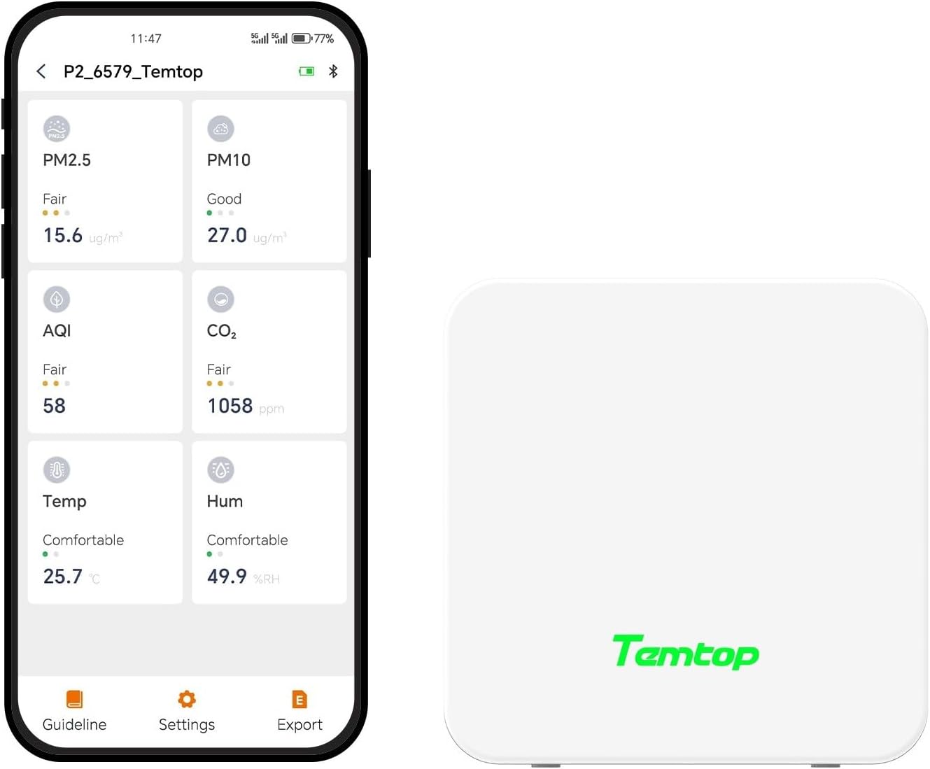 Temtop P2 Air Quality Monitor - CO2, PM2.5, PM10 Detector with Real-Time AQI, Temperature & Humidity Sensor, Bluetooth App for Home, Office, Car & Travel Use