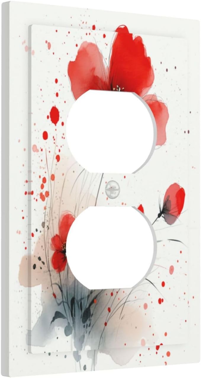 Vintage Watercolor Red Flowers Floral Outlet Covers 1 Gang Duplex Light Switch Cover Wall Plate Decorative Switch Plates Electrical Receptacle Faceplate for Bedroom Bathroom Decor