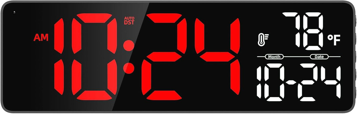 Large LED Digital Wall Clock with Date, Temperature, Auto-Brightness, Auto-DST | Big Digital Clock for Bedroom, Desk, Classroom, Living Room, Kitchen, Office, Gym, Farmhouse, Xmas Gift for Seniors