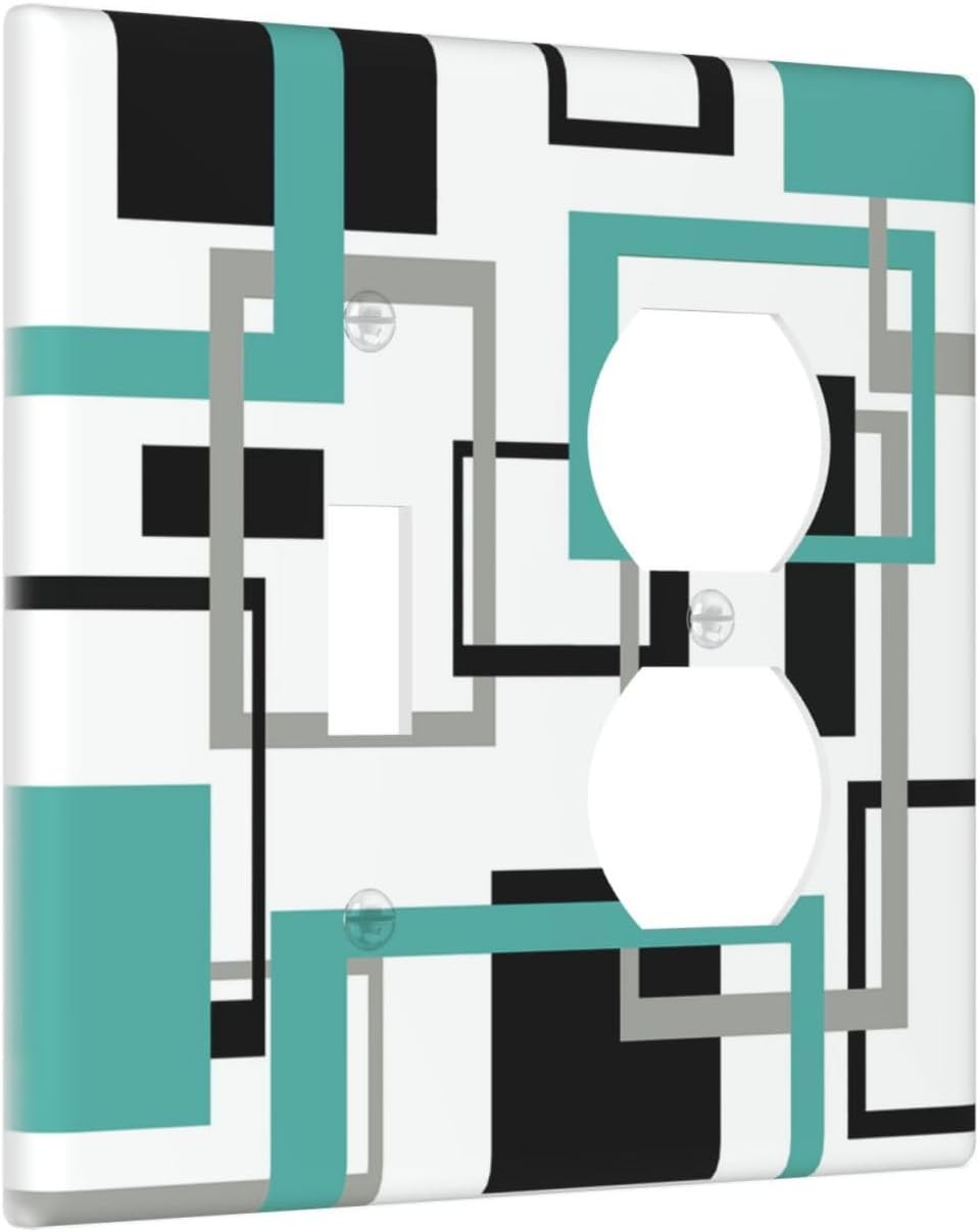 Geometric Turquoise Black Gray Modern Abstract Boho Wallplates 1 Toggle 1 Duplex Switch Plate Electrical GFCI Faceplate Decorative Light Switch Covers for Office Nursery Decor