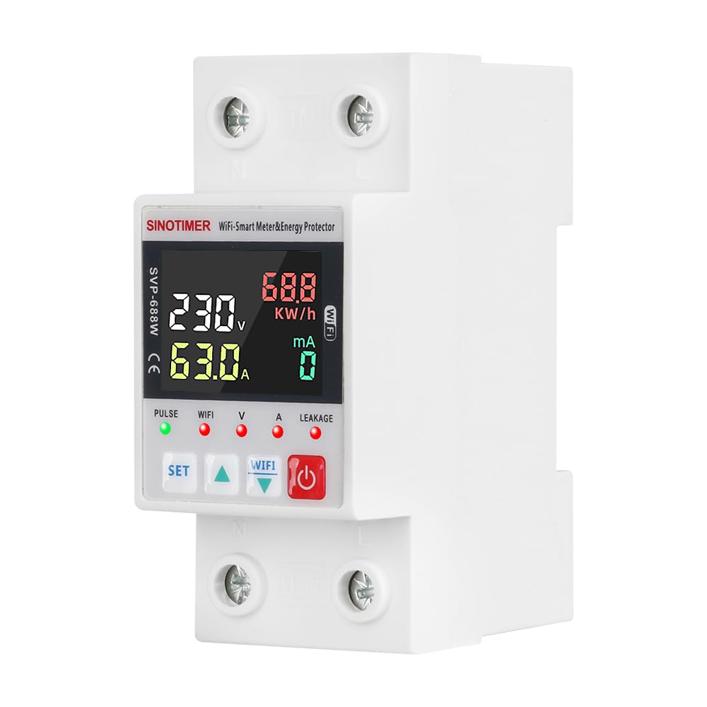 Colorful LED SVP688W WiFi Smart Energy Meter AC 63A 80-300V WiFi Earth Leakage Over Under Voltage Protector Circuit Breaker Din Rail Electricity Energy Monitor APP Remote Control Smart Life 230V