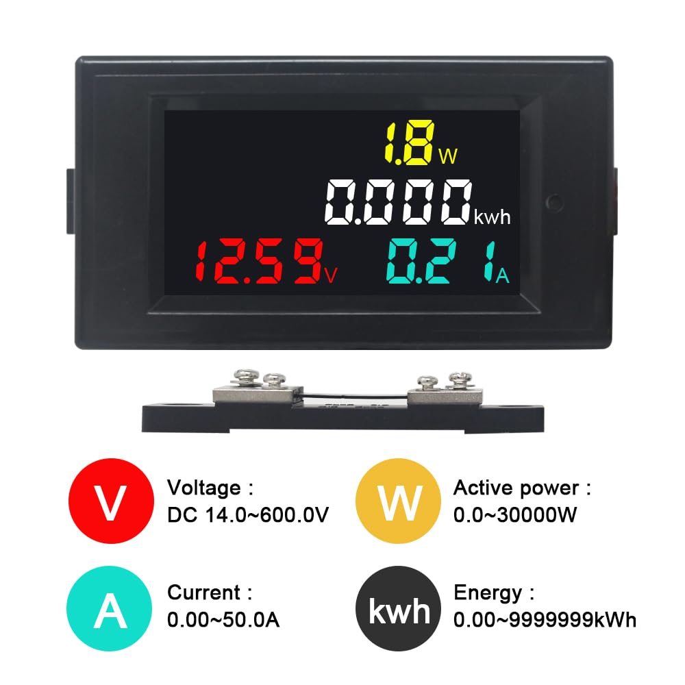 KETOTEK DC Power Meter 14-600V 50A Battery Monitor Digital Multimeter Panel Kwh Volt Amp Watt Meter DC Current Voltage Meter Power Energy Monitor with 50A Shunt