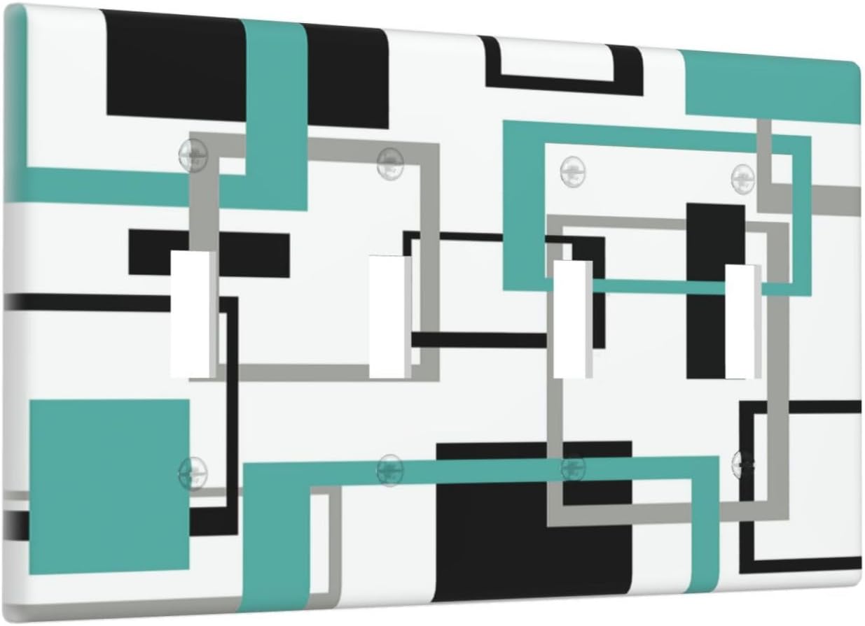 Geometric Turquoise Black Gray Modern Abstract Boho Light Switch Covers Quad Toggle Electrical Faceplate 4 Gang Wall Plate Decorative Switch Plates Cover for Office Nursery Decor