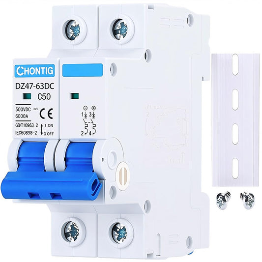 50 Amp Miniature DC Circuit Breaker 500V 2 Pole, Solar PV Disconnect Switch with Thermal Magnetic Trip, DIN Rail Mount Isolator C50