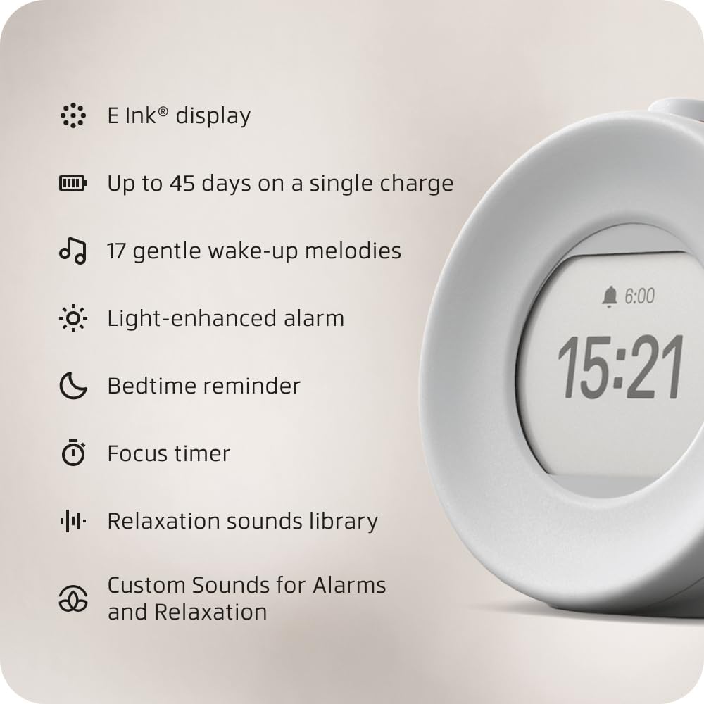 mudita Harmony 2 Digital Alarm Clock - Daylight Alarm Clock with E-Ink Screen and Meditation Function and Snooze Function - Sunrise Alarm Clock - 17 Melodies, Relaxation Sounds, Nature Sounds - Black