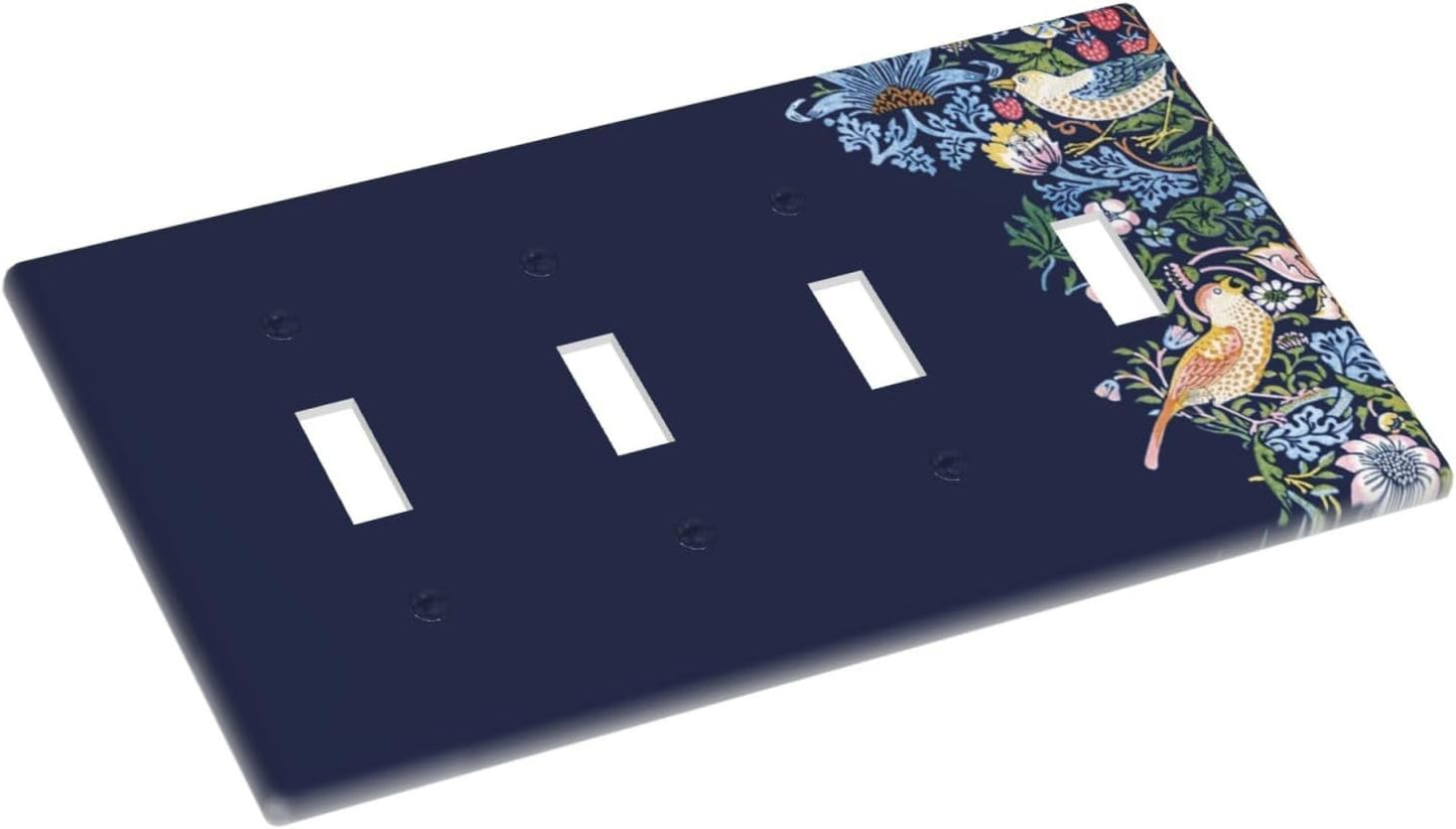 Decorative Light Switch Cover Plate Vintage Blue Morris Strawberry Thief Bird Flower 4 Gang Wall Plate Oversized Quad Toggle Switch Cover Plate Jumbo Faceplate