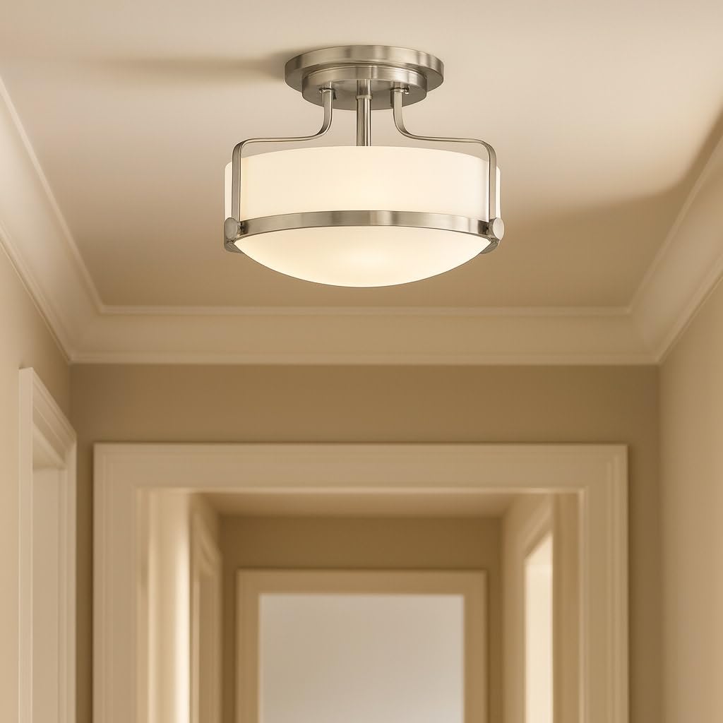 Hinkley Harper 3641BN Medium Semi-Flush Mount Ceiling Light - Sleek, Retro Style - Brushed Nickel + Etched Opal Glass