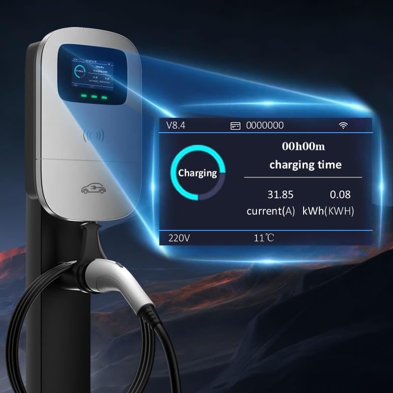 Smart EV Level 2 Charger, Electric Vehicle Charging Station, 110V-240V 32A Home Charger with LCD Display, Type 1 SAE J1772 Wall Connector, Hardwired Charger for Electric Car