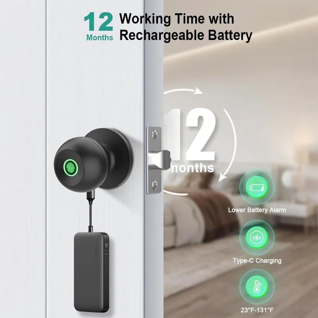 NexusLab Smart Fingerprint Door Lock, 0.5s Fast Fingerprint Scan, APP Remote Control, 3-in-1 Entry(Fingerprint/Key/App), for Home、Bedrooms、Office、Apartment、Garage(Matte Black)