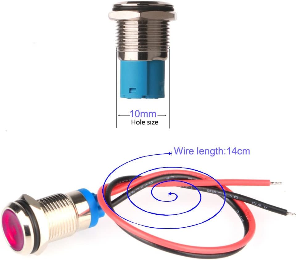 5pcs 10mm LED Metal Indicator Light AC/DC 12-24V Waterproof Signal Lamp Pilot Dash Directional with Wire(Red)