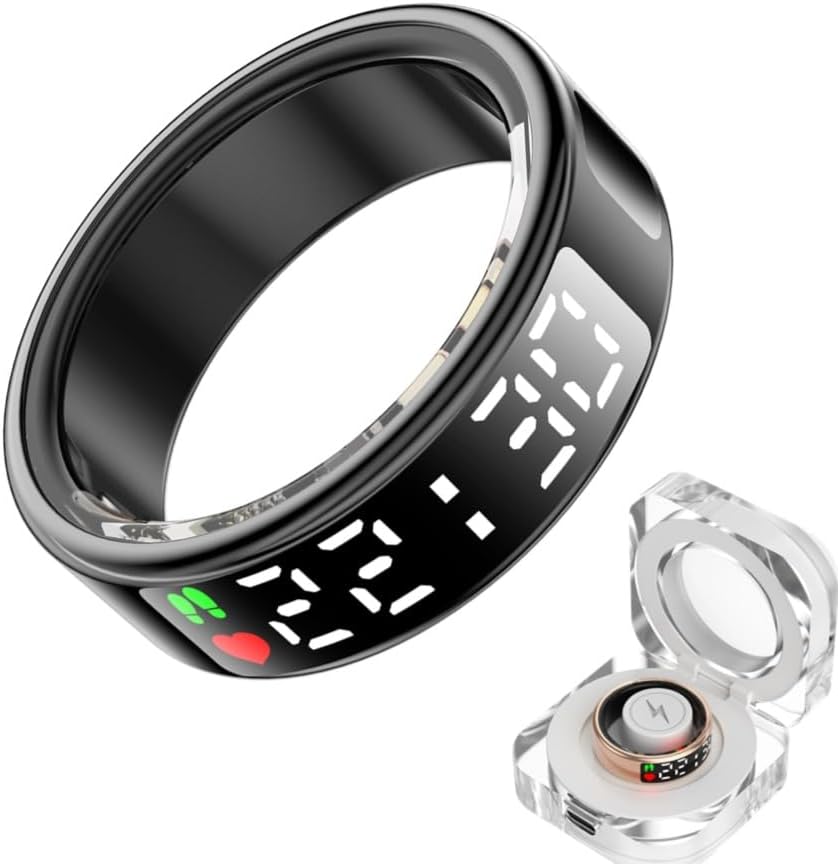 Smart Ring Health with LED Display Screen, Activity Tracker/Heart Rate/SpO2/Sleep/Step, Bluetooth Connection Smart Rings for Women Men, IP68 Waterproof Smart Ring for iPhone & Android (Black, 8)