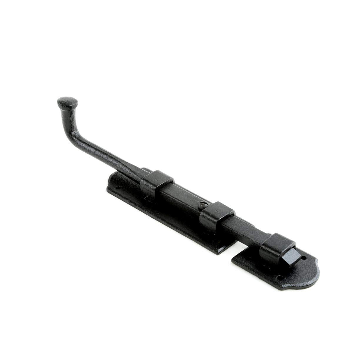 Renovators Supply Manufacturing Black Slide Bolt Door Latch 9 in. Long Black Iron Metal Sliding Bolts with Catch for Cabinet, Barn Doors Or Fence Rust Resistant Security Locks with Hardware Pack of 4