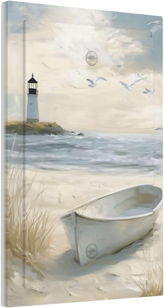 Decorative Light Switch Plate Covers Seascape Painting with Lighthouse Boats 1 Gang No Device Single Blank Outlet Covers Wall Plate Light Switch Covers for Bedroom Home Decor