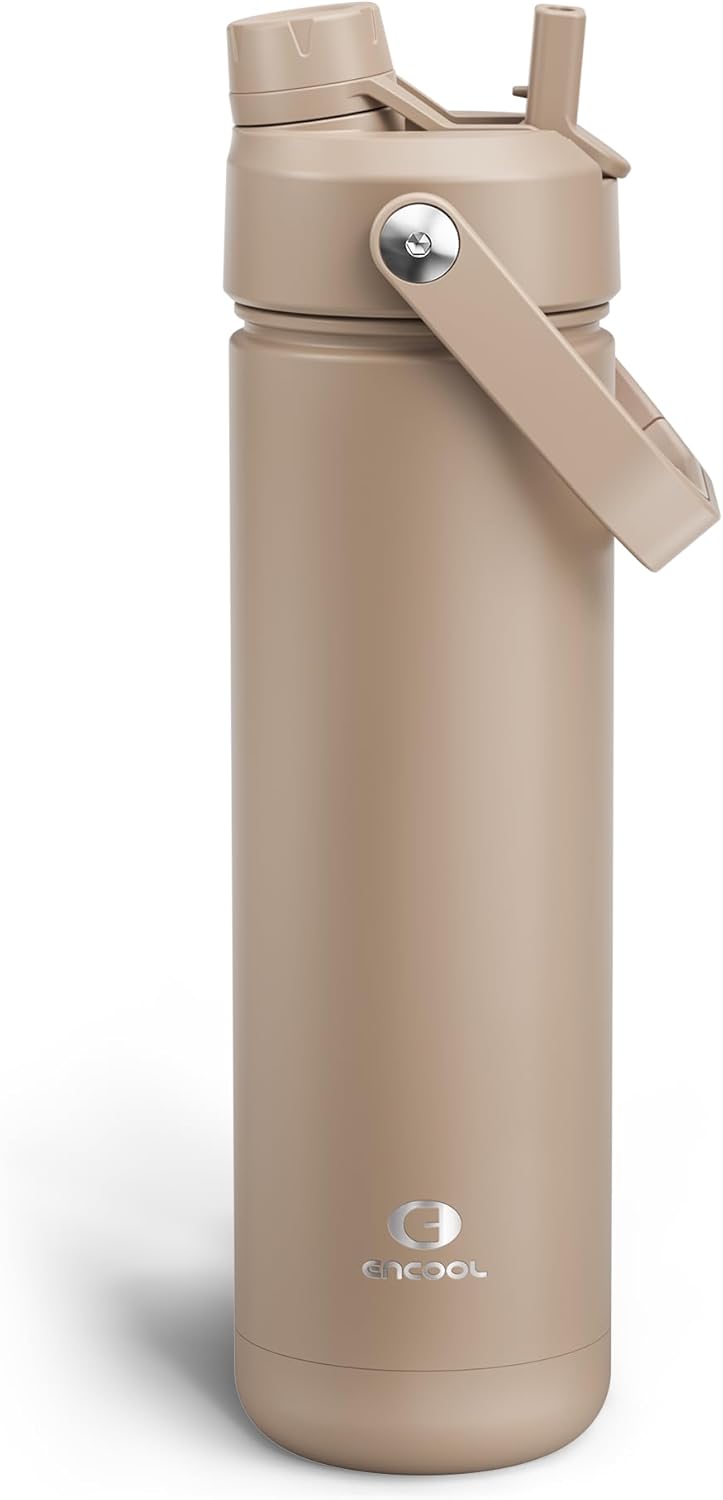 ENCOOL Insulated Water Bottle with Straw Stainless Steel Water Bottle, Leak-Proof, BPA-Free, Double Wall Vacuum Keeps Cold for 24 Hours for Sports, Travel, School (26 oz, Raw Umber)