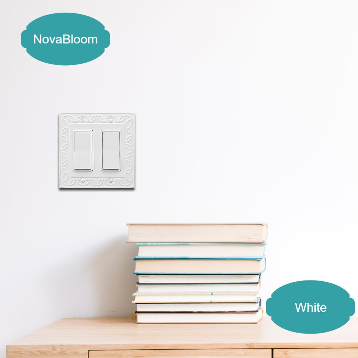 Double Decorator Light Switch Cover NovaBloom Metal Wall Plate, 2-Pack White 2 Gang Double Rocker, for Receptacle Dimmer GFCI Outlet Switch Cover Decorative Wallplate, Durable