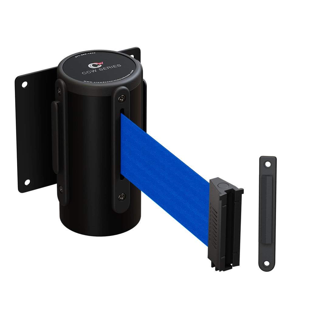Crowd Control Warehouse - CCW Series WMB-120 Fixed Wall Mount Retractable Belt Barrier - 11 Foot, Blue Belt with Black Steel Case
