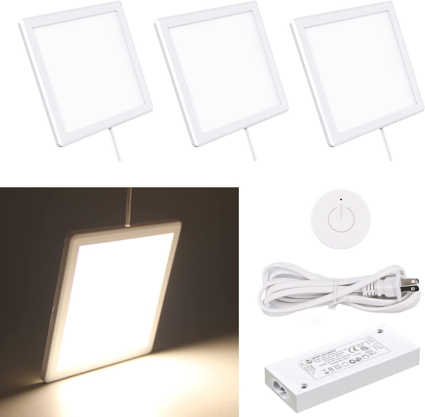 VST Under Cabinet Mini Panel Lighting 3PCS 3.94inch 12V 2.5W(Total 7.5W) with Wireless Dimmer Switch, Surface Mount Puck Light for Kitchen Van Truck Car Galley Downlight (Square White 4000K)