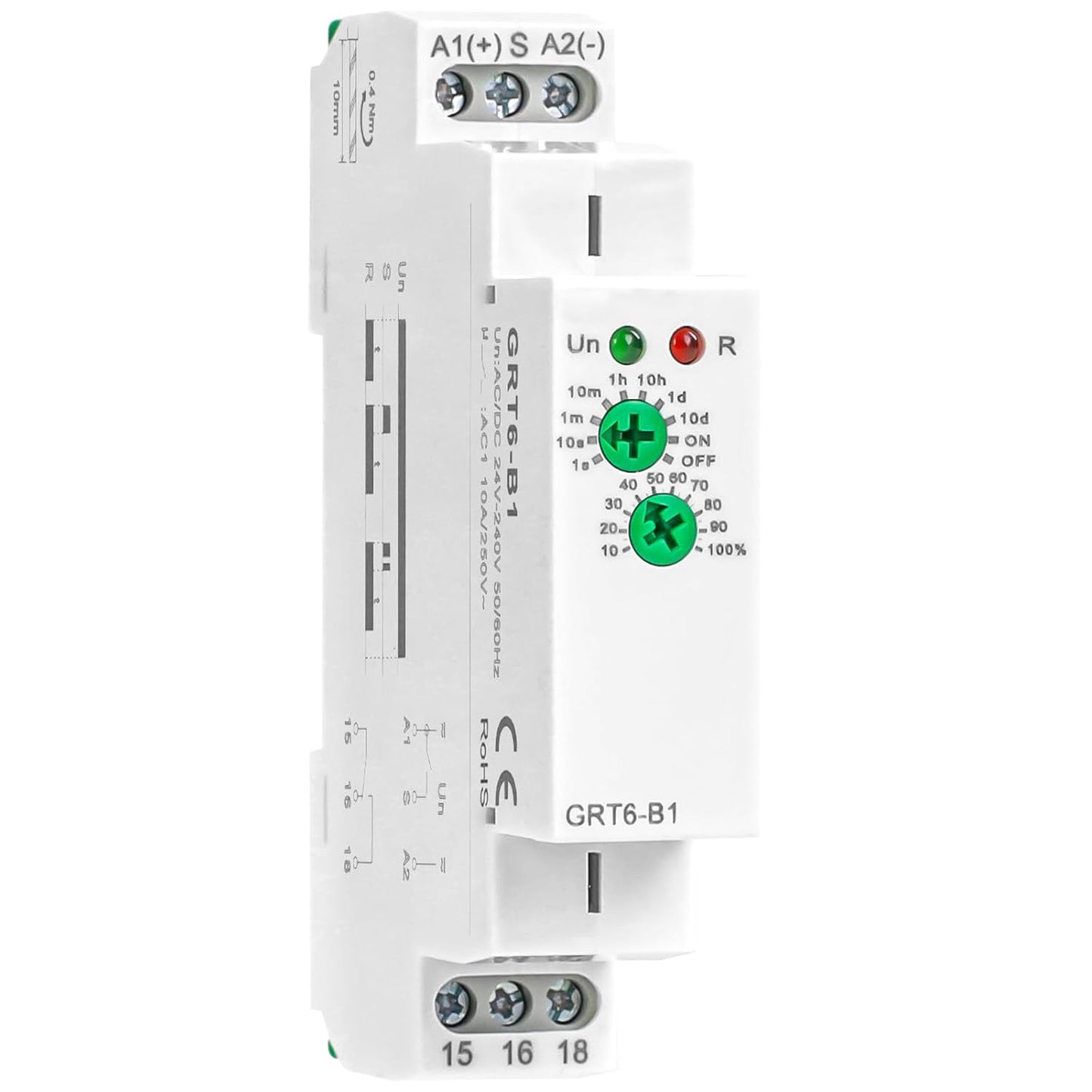 Delay Off Time Relay GRT6-B1 10A Adjustable Smart Relay, Delay Turn Off Electronic Timer in Din Rail, 0.1s-10 Days Wide Range Delay Factory Automation Time Universal Voltage AC DC 24V 240V