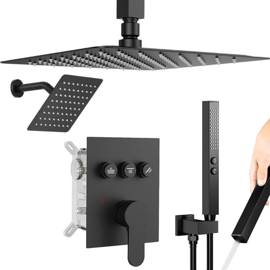 Shower Faucet Sets Shower System, 2 Head Shower System Rain Showerhead for Two People, Ceiling Mount Shower Fixtures with On Off Button Valve Body and Trim Kit Complete, 10+6" Matte Black