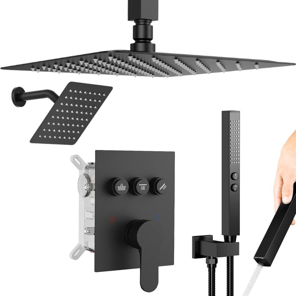 Shower Faucet Set, 12" Shower System with Rain Shower and Handheld, Ceiling Mount Dual Head Can Run All Together For Two People, 3 Way Shower Valve with 5 Diverter Complete, Matte Black