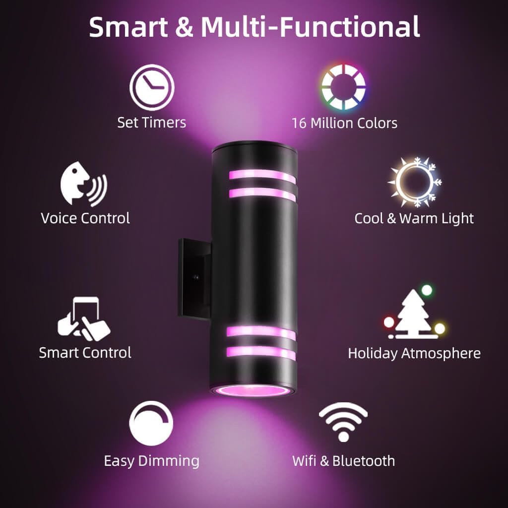 SHIMR Modern RGBCW Outdoor Wall Lights 2 Pack, Color Changing Outdoor Sconce Lights with APP Control, Black Cylinder Exterior Lighting Fixtures Aluminum Up Down Outside Lights for House [ETL Listed]