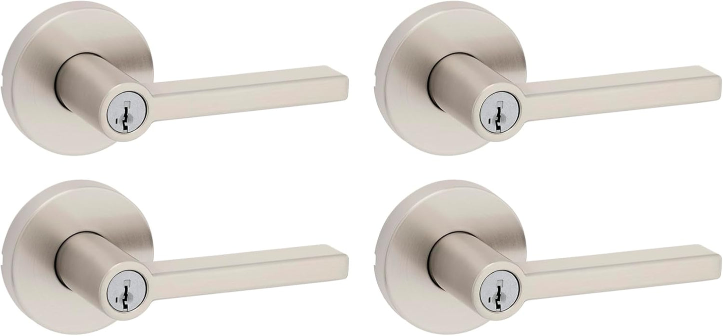 Kwikset Halifax Entry Door Handle with Lock and Key, Secure Keyed Reversible Lever Exterior, for Front Entrance and Bedrooms, Satin Nickel, 4 Pack, Pick Resistant SmartKey Rekey Security and Microban