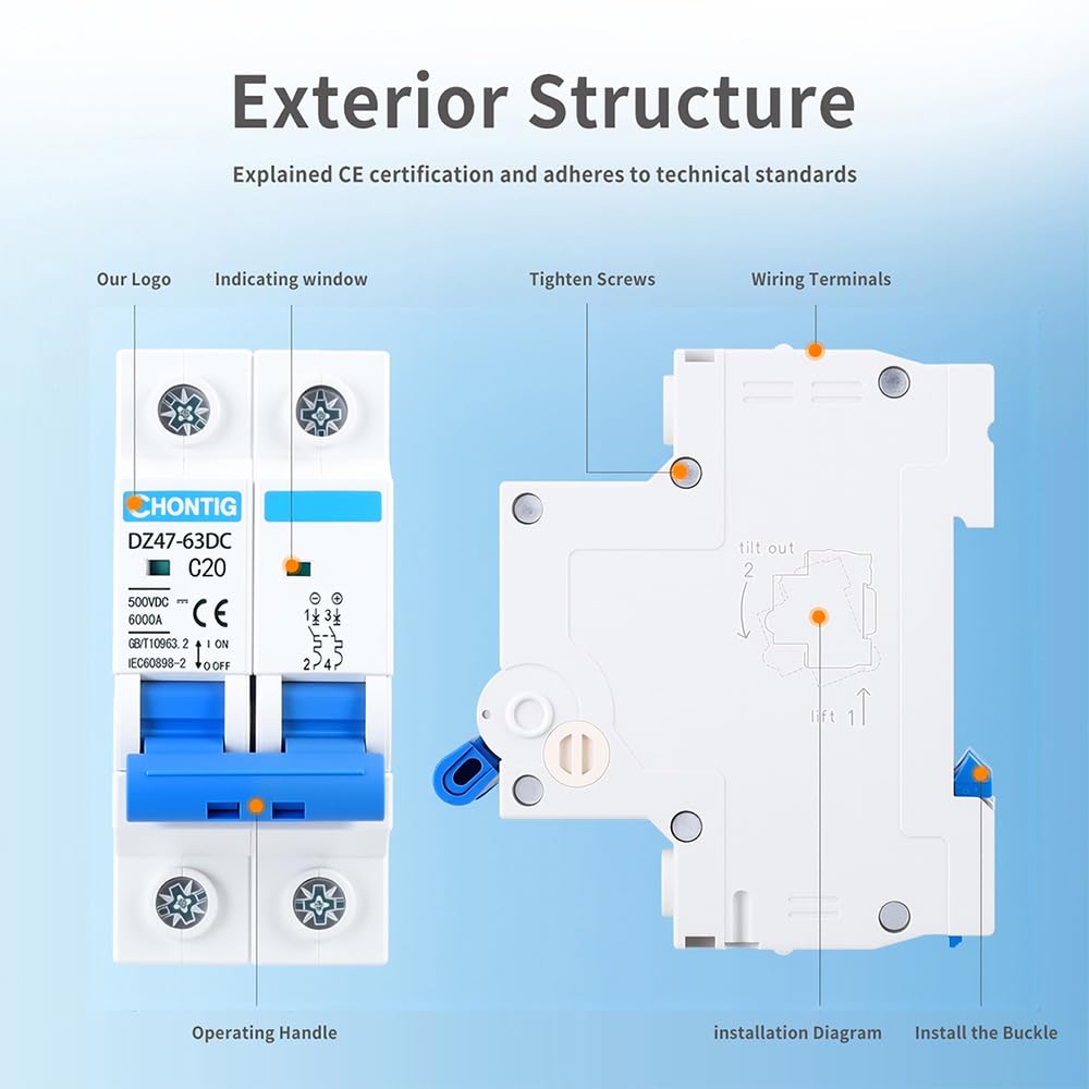 20 Amp Miniature DC Circuit Breaker 500V 2 Pole, Solar PV Disconnect Switch with Thermal Magnetic Trip, DIN Rail Mount Isolator C20