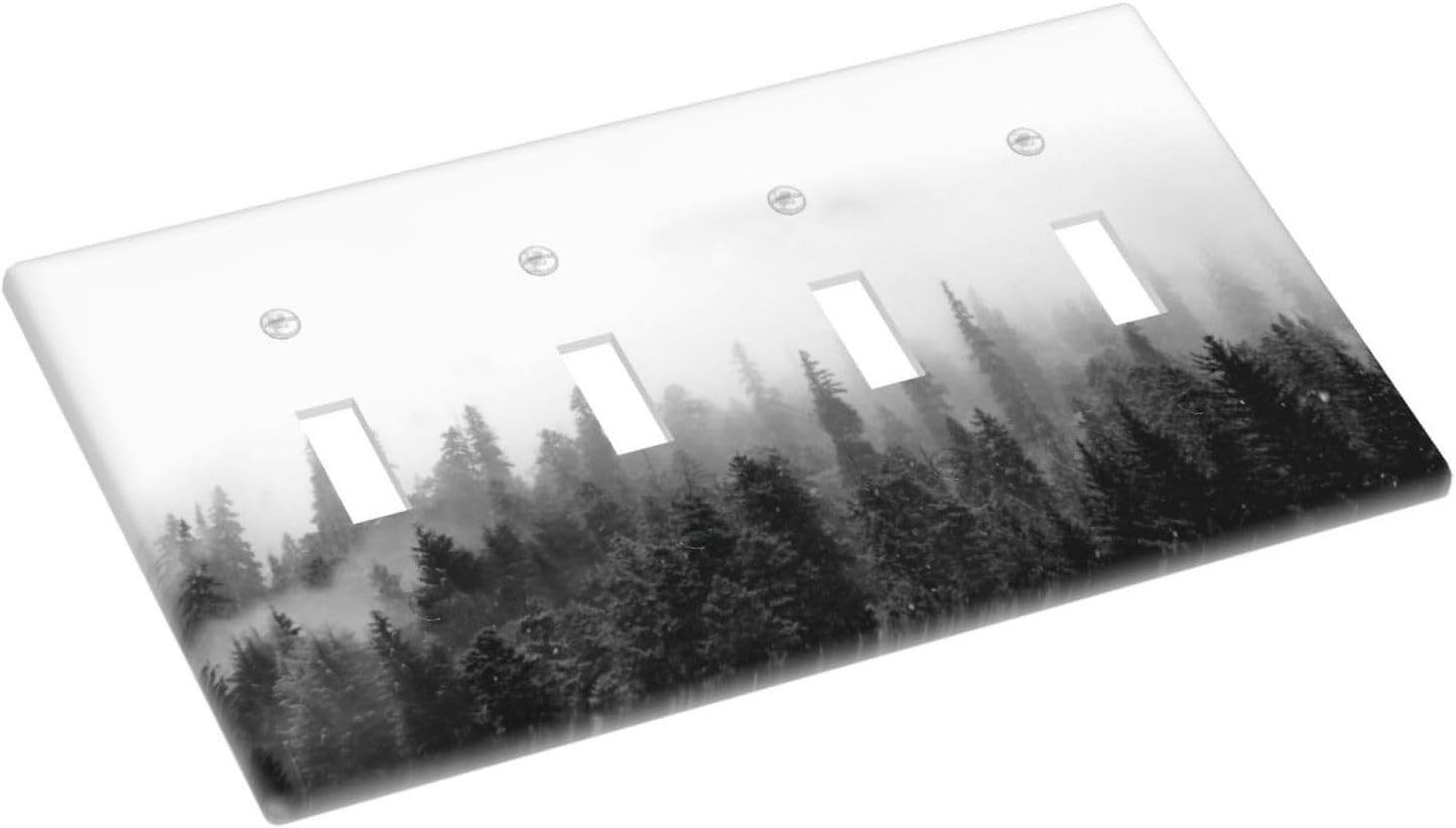 Light Switch Covers Fores Black White Landscape Misty Woods Quad Toggle Electrical Faceplate 4 Gang Wall Plate Decorative Switch Plates For Farmhouse Cabin Decor