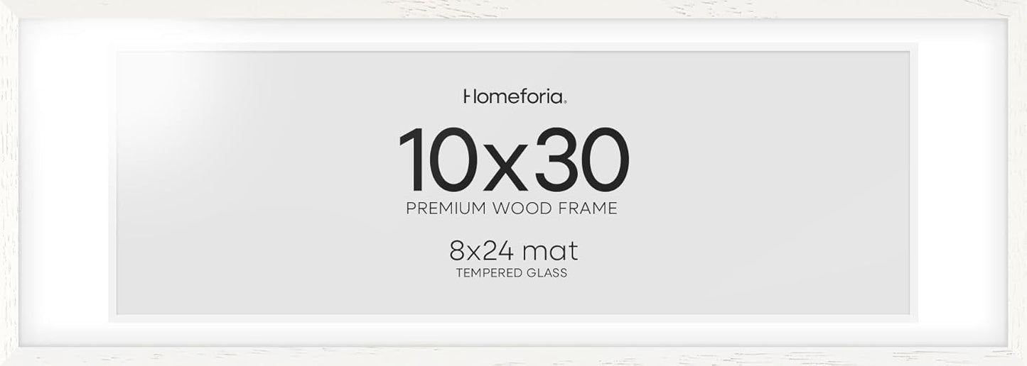 Homeforia 10x30 White Picture Frame, High End Oak 10x30 Wood Poster Frames with Mat 8x24 Print, 10 x 30 White Wooden Frames Matted to 8 by 24, 30x10 Panoramic Frame, Tempered Glass, Wall Kit, Set of 1