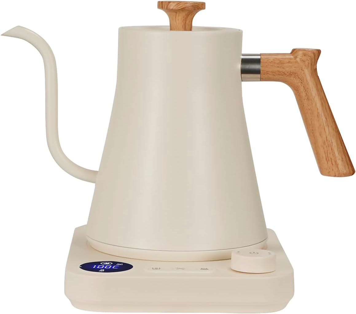 Gooseneck Electric Kettle,Electric Kettles, ±1℉ Temperature Control, Ultra-Quiet 304 Stainless Steel, for Coffee, Tea & Milk, Auto Boil Detection, 8 Safety Protections & Memory Function(white, 0.9L)