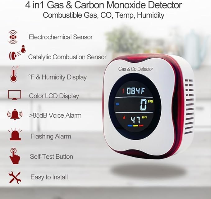 Combination Gas & Carbon Monoxide Detectors - Plug in CO Alarm & Natural Gas Detector with Temperature Humidity Display, CO Detector & Combustible Gas Detector for Home/Travel(3 Packs)