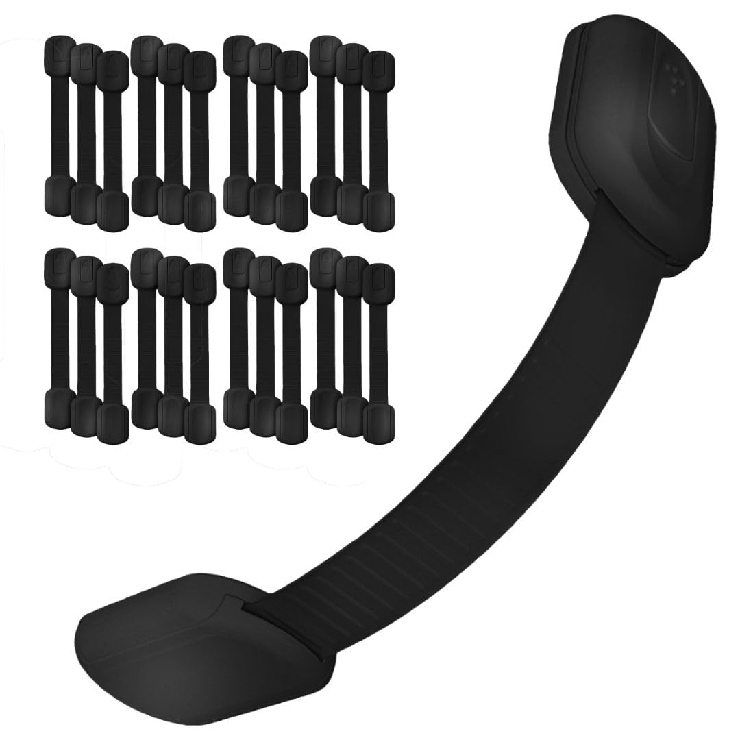 3M Adhesive Child Safety Strap Locks by Baby Proof Me, Baby Latches for Cabinets, Dishwashers, Fridges, Ovens and Trash Cans, Stain Free Toilet Lock (Black, 24 Safety Latches)