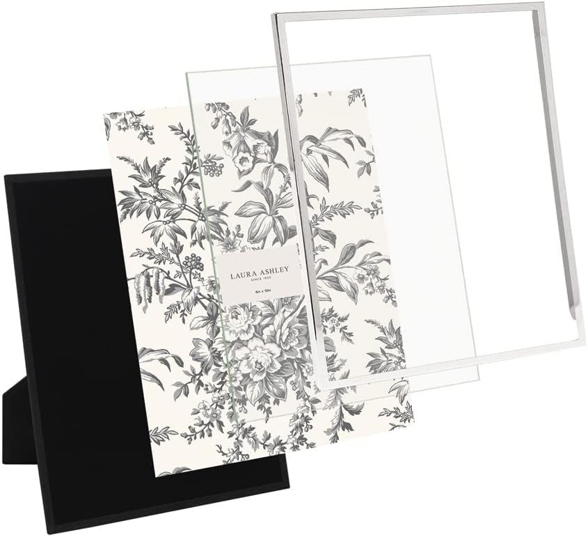 Laura Ashley 8x10 Silver Flat Metal Picture Frame (Vertical & Horizontal) w/Two-Way Easel Stand, Black Velvet Backing, Wall-Mountable, Made for Tabletop, Desk, Wall Display, Home Décor (8x10, Silver)