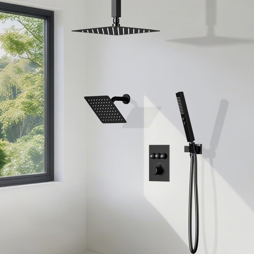 Thermostatic Shower System Matte Black Push Button Shower Faucet Set,12" Ceiling Rainfall and 6" Wall Mount Rain Shower with 2 in 1 Handhled, Can Use All at Once, Shower Set with Valve and Trim Kit