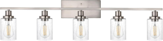 40-Inches Length Bathroom Vanity Lighting Fixtures Over Mirror in Brushed Nickel, 5-Lights Industrial Sconce Wall Lamp with Seeded Glass Shades
