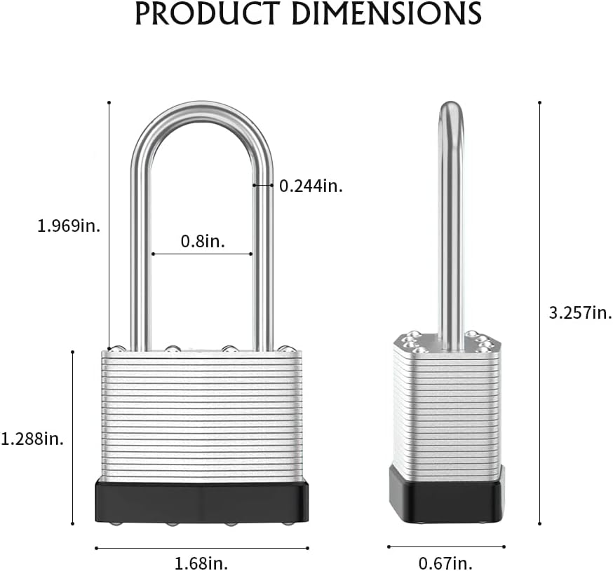 Laminated Steel Padlock with Key，6 Pack Keyed Alike Padlocks with Long Shackle